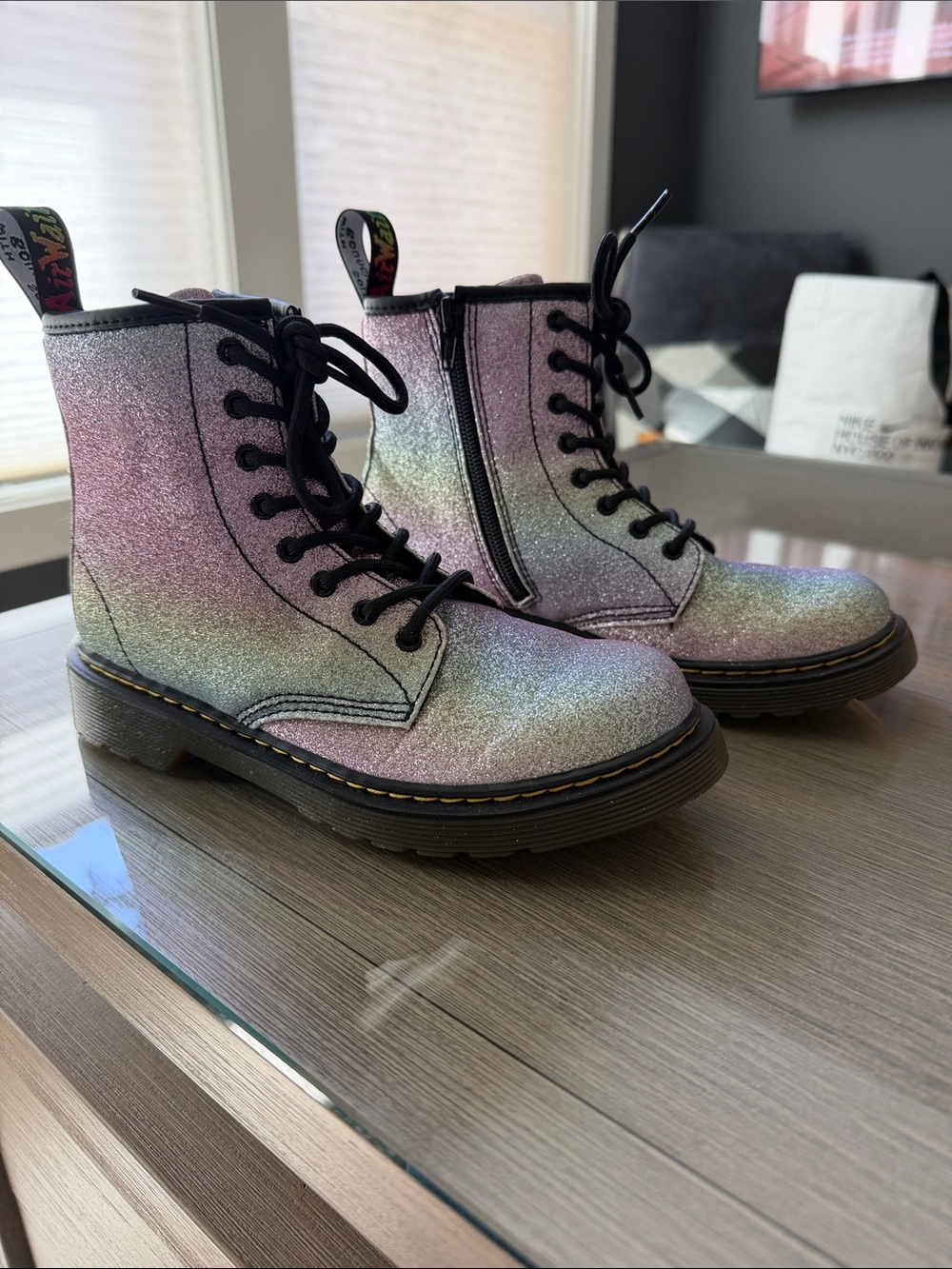 Dr. Martens Girls Iridescent Glitter Lace-Up Boots w/wide zipper